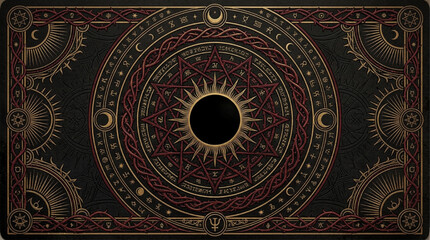 Fototapeta premium Mystic tarot card background with ornate golden solar eclipse frame