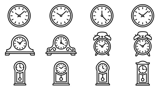 Collection of various old fashioned alarm clocks.