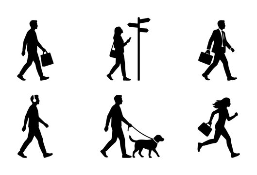Diverse Human Silhouettes Collection: Businessmen, Women, Dog Walker, Signpost, Commuters, Vector Icons for Navigation and Lifestyle