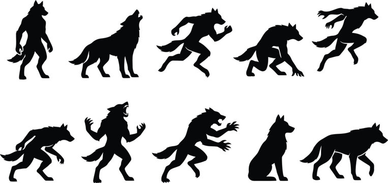 Black silhouettes of werewolves and wolves in various dynamic poses isolated