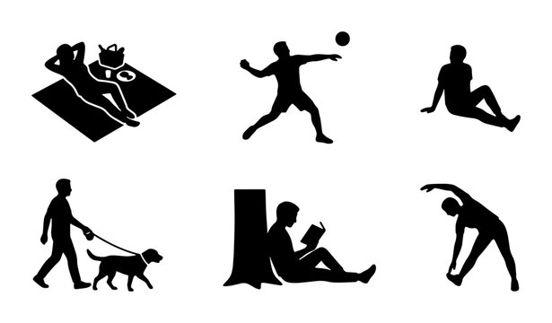 Diverse Lifestyle Silhouettes: Relaxation, Sports, and Outdoor Activities Vector Set, Black and White Icons for Web and Print Design