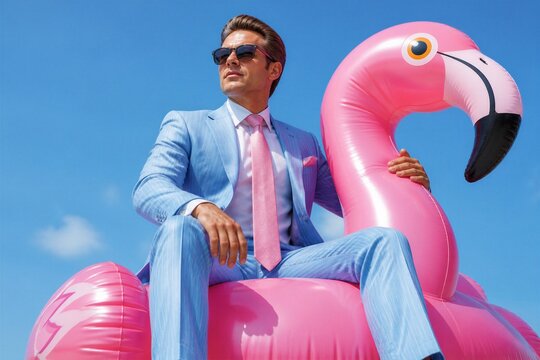Businessman sitting on pink inflatable flamingo under clear sky