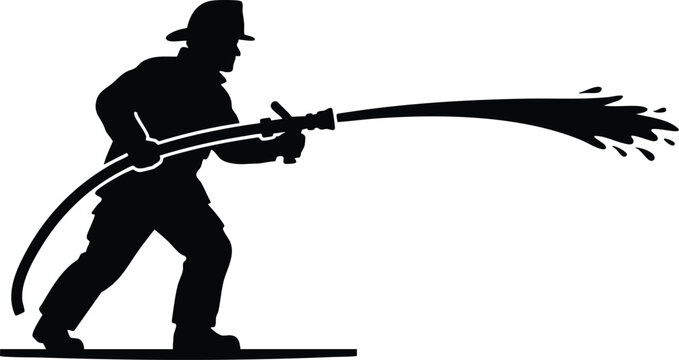 Firefighter in full protective gear aims a long water hose toward an unseen target to extinguish flames in this stark black and white vector silhouette graphic design.