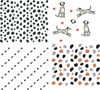 Dalmatian Dog Pattern Vector Collection with Seamless Spot Prints, Paw Tracks, Cute Puppy Elements, and Pet Textile Background Designs