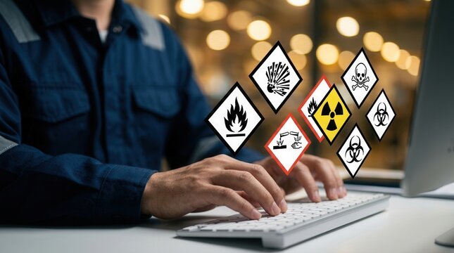 Chemical safety staff working on MSDS material safety data sheet information.