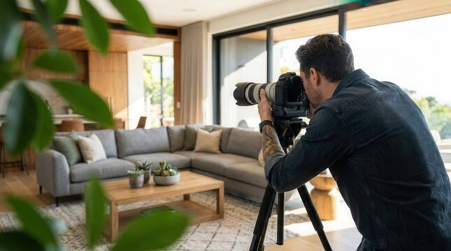 Professional photographer capturing a modern living room with a large grey sofa and coffee table.
