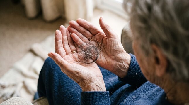 An elderly person holding a small bunch of fallen gray hair in their weathered cupped hands while wearing a blue knitted sweater in soft lighting