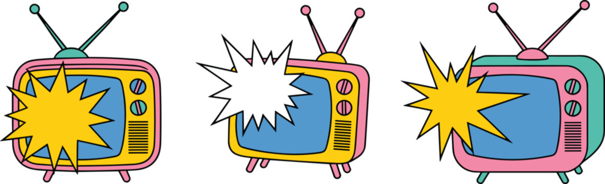 Vector illustration of colorful retro televisions with antennas and comic explosion effects, representing vintage media, entertainment, pop art, communication, broadcast, and old technology
