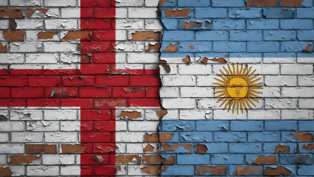 England and argentina flags painted on a weathered brick wall with a central crack