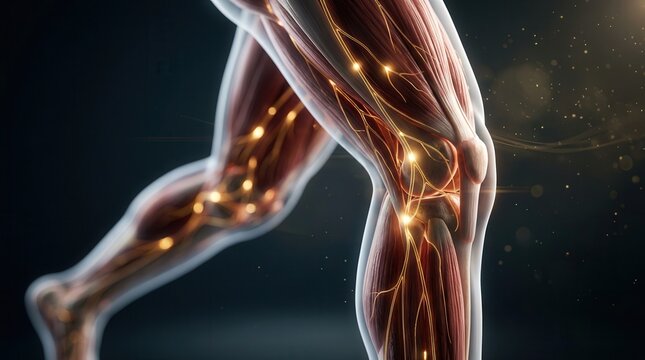 Anatomical visualization of the human knee joint showing nerves and muscles in a transparent body.