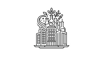 Fototapeta premium Industrial Black and White Line Art Featuring Lab Equipment Buildings and Green Elements with high quality professional line art symbols for modern creative design and digital branding projects