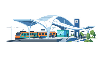 Modern Railway Station Platform with Arriving Commuter Train Vector Illustration © rizwan