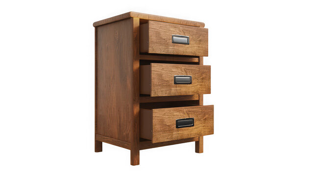 Wooden nightstand with three open drawers stands against a solid white background.