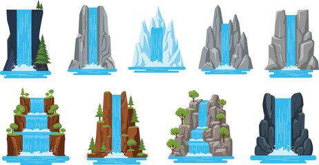 Waterfall illustration set, natural landscapes, rocky cliffs, forest streams, glacier cascades, vector artwork, scenic design, white background © Zibon