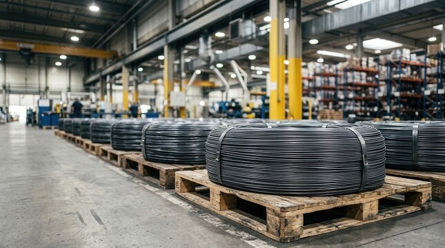 Industrial steel wire coil rolls stacked on wooden pallets in a modern factory warehouse.