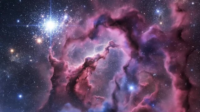 Cosmic nebula with pink and blue gas clouds and bright star cluster in deep space