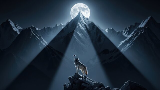 Wolf Howling at Full Moon Over Snowy Mountain Peaks