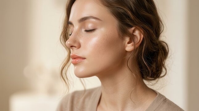Profile of a beautiful young woman with smooth glowing skin and natural makeup.