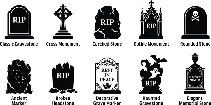 Collection of black silhouette tombstones and grave markers in gothic style