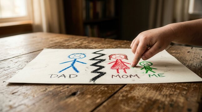 A child's hand touches a drawing of sad stick figures split by a black zigzag line on a wooden table, symbolizing divorce.