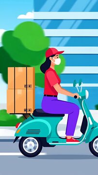 Delivery courier riding blue scooter with boxes in city street.