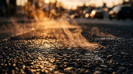 Obraz premium Steam rising from hot asphalt road under glowing evening light.