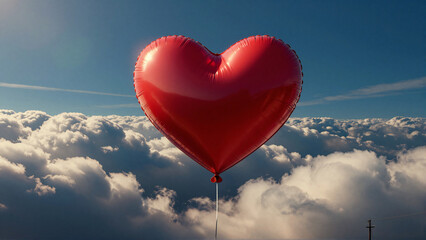 Fototapeta premium Romantic Red Heart Balloon Adrift Above Dreamy Clouds