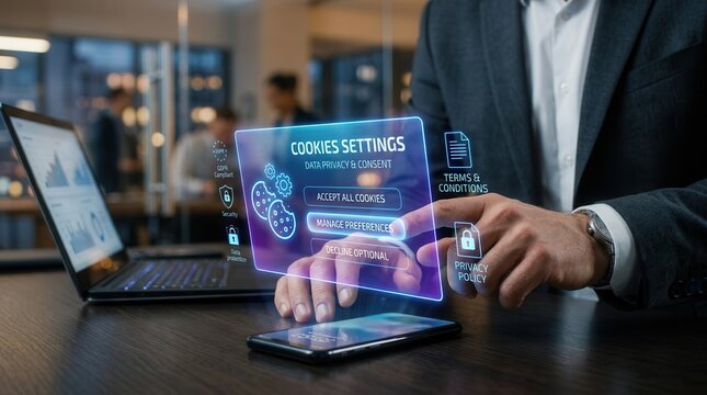 Businessman managing cookies policy settings and terms and conditions on a digital screen.