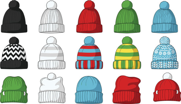 Winter knit beanie hat illustration set featuring colorful wool caps with pom pom, striped and patterned designs, isolated vector fashion accessories