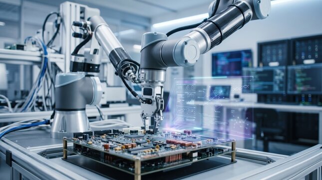 Advanced robotic arm performing precise PCB assembly with holographic interface in futuristic electronics factory
