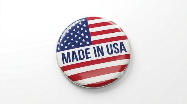 Patriotic button badge featuring the US flag and MADE IN USA text.
