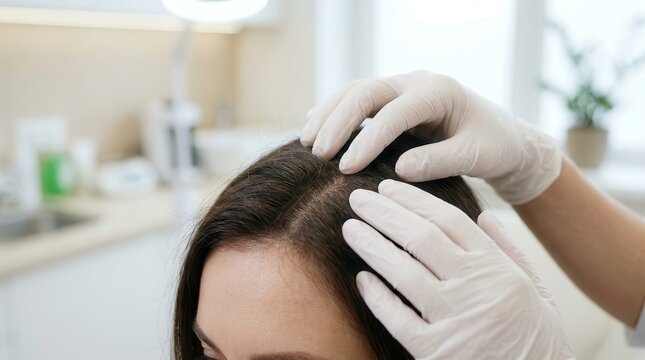 A doctor trichologist examining a woman's scalp and hair roots while wearing medical gloves.