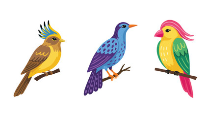 Tropical Birds Perched on Branches Flat Vector Illustration © SOHAG