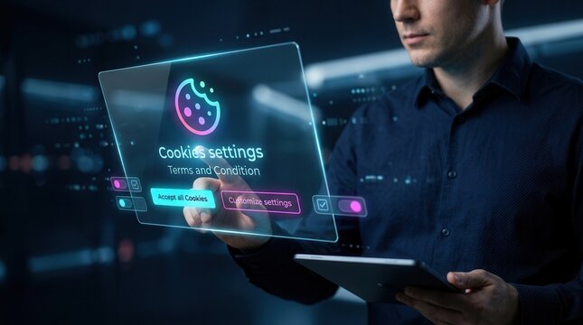 A user interacting with a digital cookies policy interface and terms and conditions on a web browser.