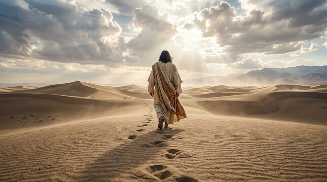 Jesus walking over sand dunes during a spiritual journey under a white cloudy sky.