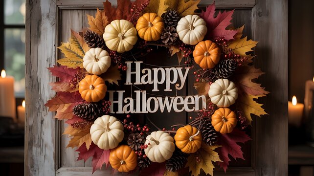Autumnal Halloween wreath with pumpkins and leaves on wooden door  seasonal decoration