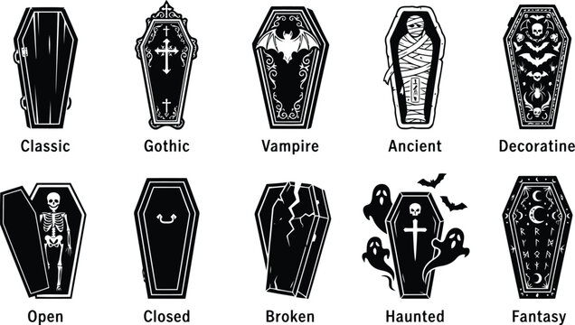 Collection of various coffin designs and burial caskets in a dark gothic style