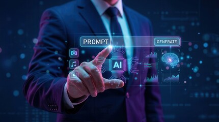 Obraz premium Businessman interacting with artificial intelligence interface to generate image music and video content.