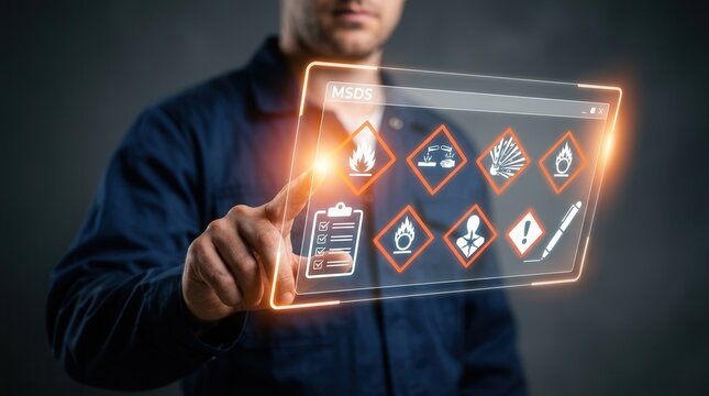 Safety staff pointing to MSDS material safety data sheet with chemical warning symbols