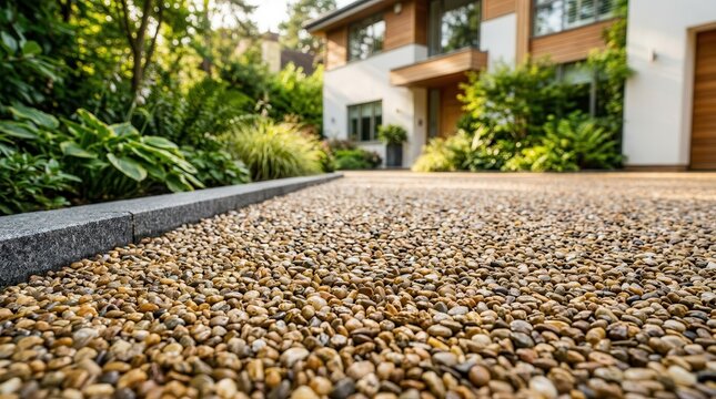 Close up of a resin bound gravel driveway featuring small pebble stones and modern landscaping design.