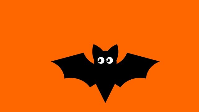 Halloween animation of a cute cartoon bat flapping its wings on an orange background with copy space.