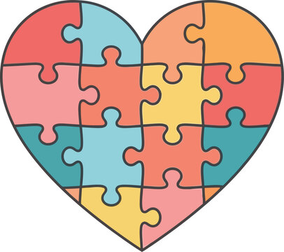 Heart shape made of colorful puzzle pieces represents love and complex emotions.