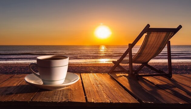 Coffee Cup Rests On A Wooden Surface Beside A Beach Chair The Sun Rises Casting Soft Light Over The Ocean And Creating A Warm Seaside Atmosphere