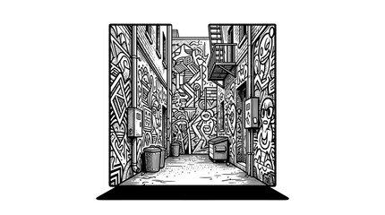 Black and white graffiti alleyway engraving. © erna
