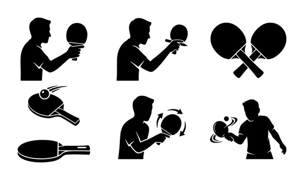 Table Tennis Player Silhouettes, Ping Pong Action Poses, Sports Icons Set, Vector Graphics for Game Promotion