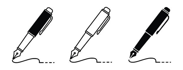 Fountain pen icon set, signature writing nib symbol, ink pen vector illustration. Writing with fountain pen icon set representing signature document agreement contract and business authorization. © JannatGraphicDesign