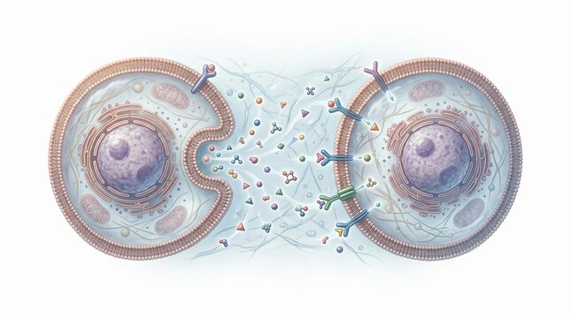 Detailed biological cells interacting via chemical signal exchange