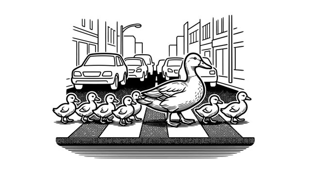 Ducks crossing urban street at crosswalk.