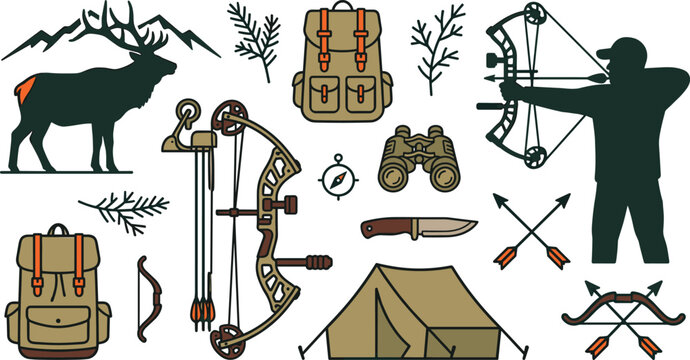 Elk Hunting Gear Vector Collection with Compound Bow, Backpack, Camping Tent, Archery Equipment, Wildlife Silhouette, and Outdoor Adventure Icons
