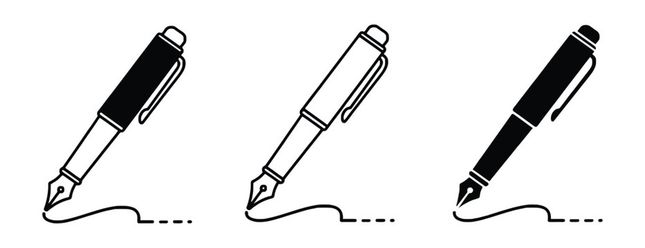 Fountain pen icon set, signature writing nib symbol, ink pen vector illustration. Writing with fountain pen icon set representing signature document agreement contract and business authorization.